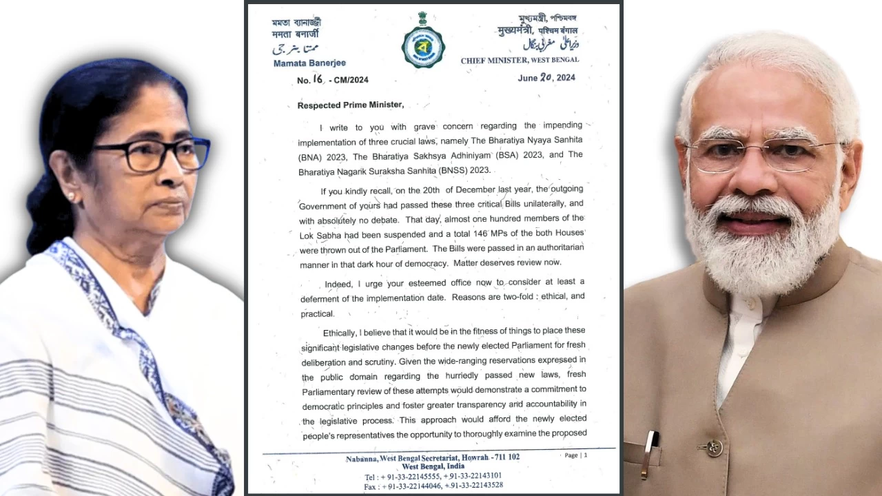 “Defer Implementation” CM Mamata Banerjee writes to PM Modi urging fresh deliberations on new criminal laws by “newly elected parliament”- where BJP is now weaker than before