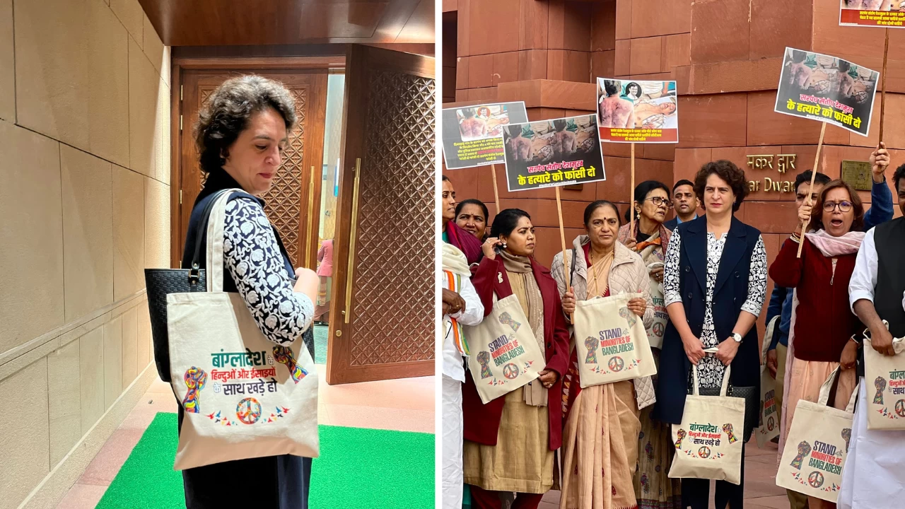 New Day, New Bag: Priyanka Gandhi Takes ‘Bangladesh’ Bag to Parliament, Day after ‘Palestine’ Bag Controversy